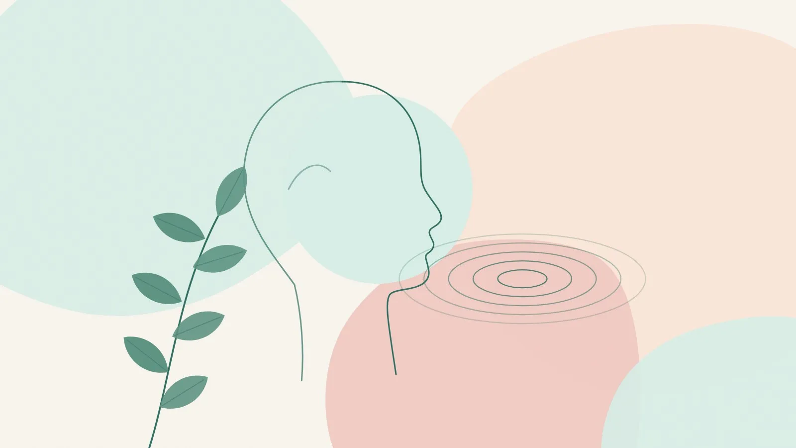 Minimal line illustration of a face in side profile with soft ripple lines near the jaw and a green leaf sprig on mint, peach and blush shapes