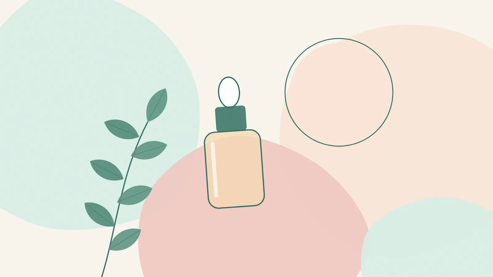 Flat illustration of a skincare dropper bottle beside a peach sun circle and a green leaf sprig on soft mint and blush shapes