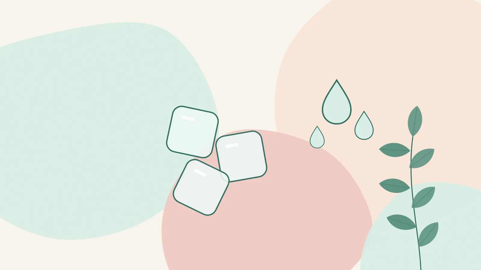 Flat illustration of soft ice cubes beside water droplets and a green leaf sprig on mint, peach and blush shapes