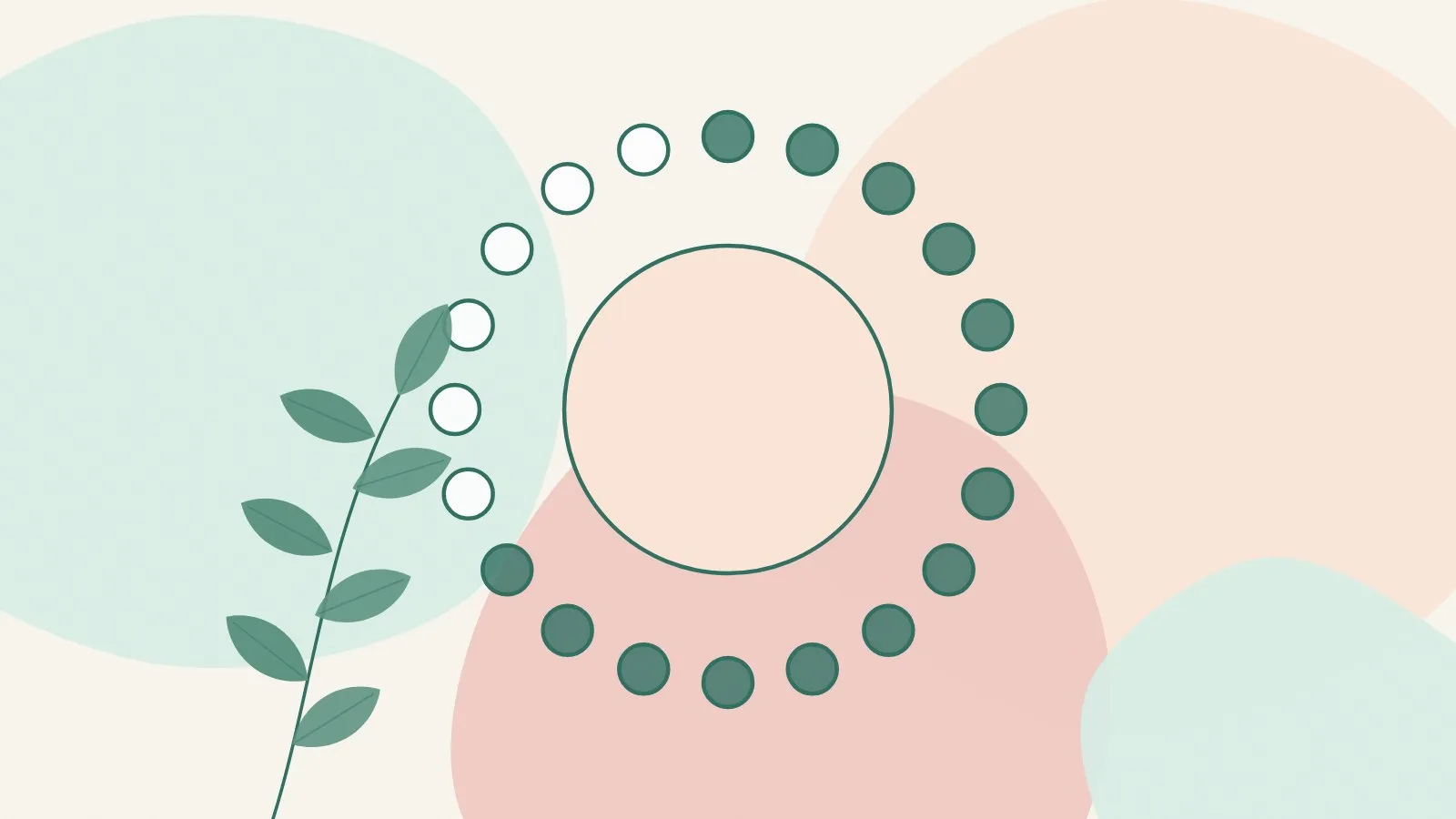 Flat illustration of a peach sun circle with a soft ring of dots and a green leaf sprig on mint and blush shapes