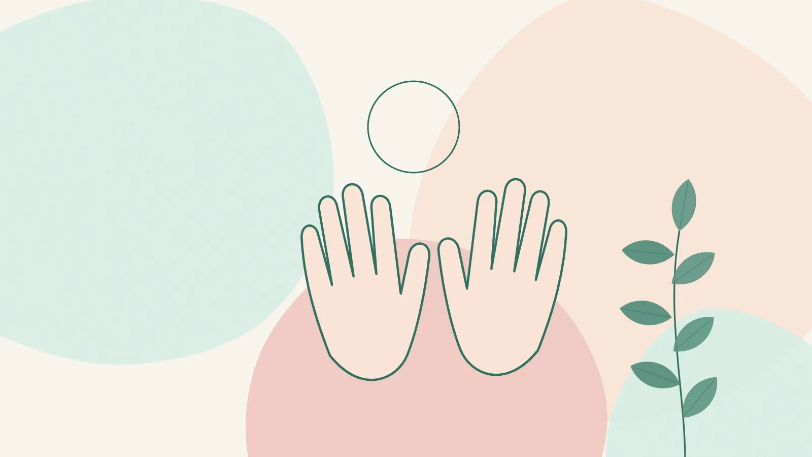 Flat illustration of two open hands outlined in deep green beside a thin ring and a leaf sprig on soft mint, peach and blush shapes