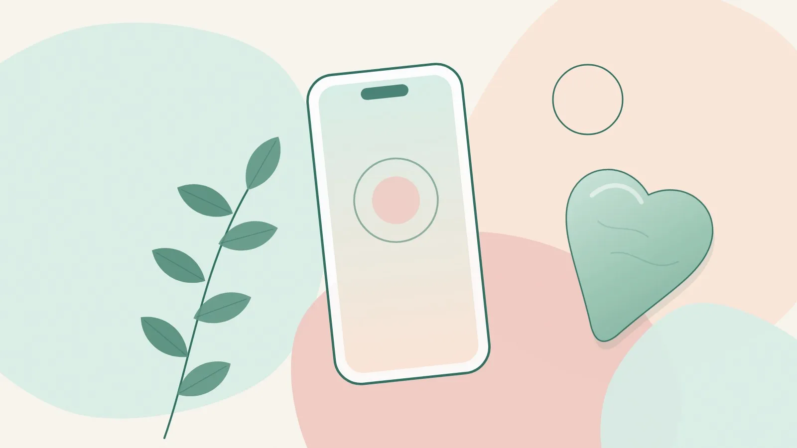 Flat illustration of a smartphone with a blank screen, a jade heart-shaped gua sha stone and a green leaf sprig on soft mint, peach and blush shapes