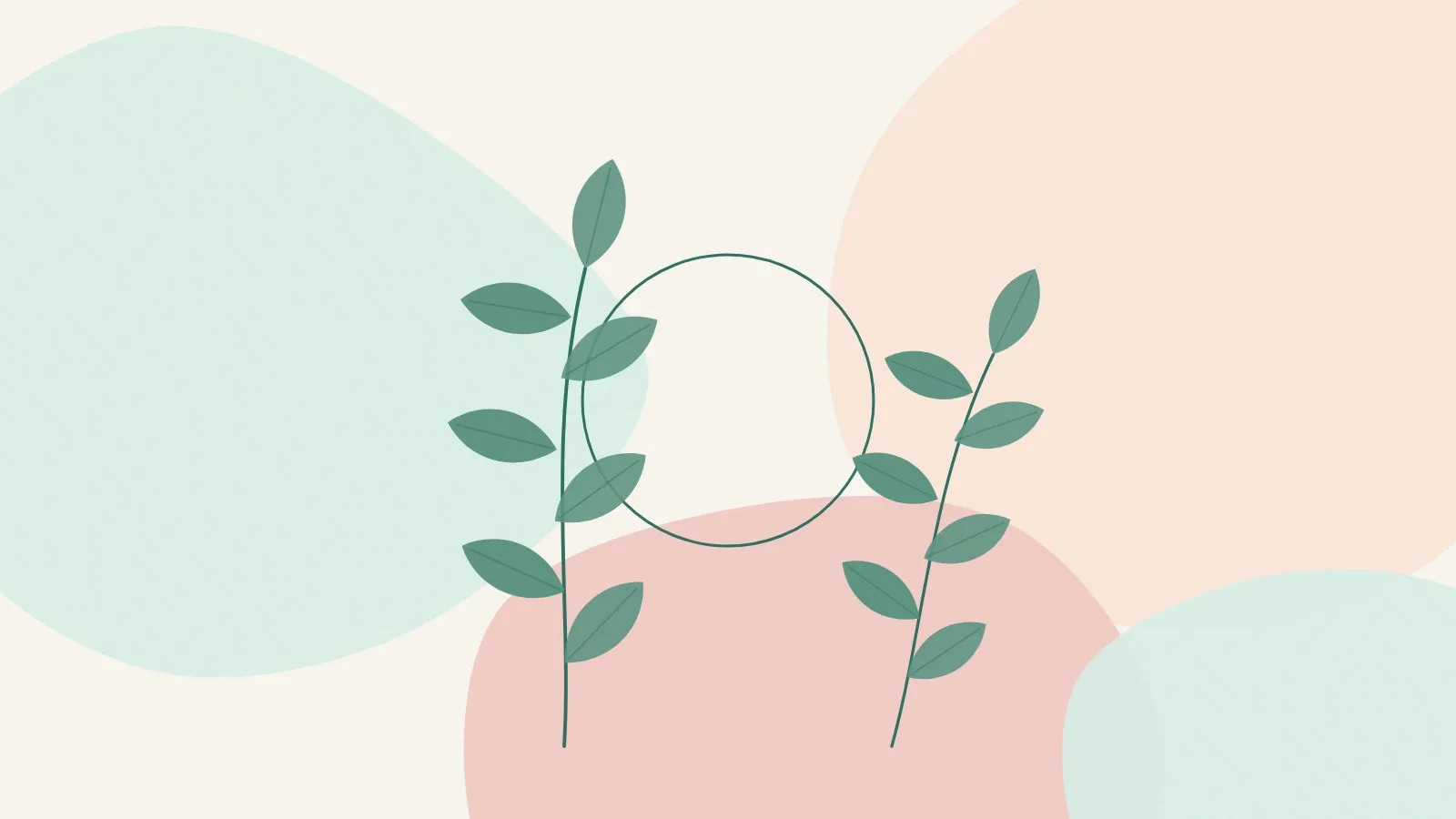 Flat illustration of two mirrored leaf sprigs of slightly different sizes either side of a soft ring on mint, peach and blush shapes