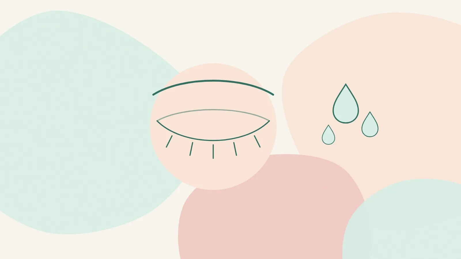 Flat illustration of a closed eye drawn in soft lines inside a peach circle with water droplets on mint and blush shapes