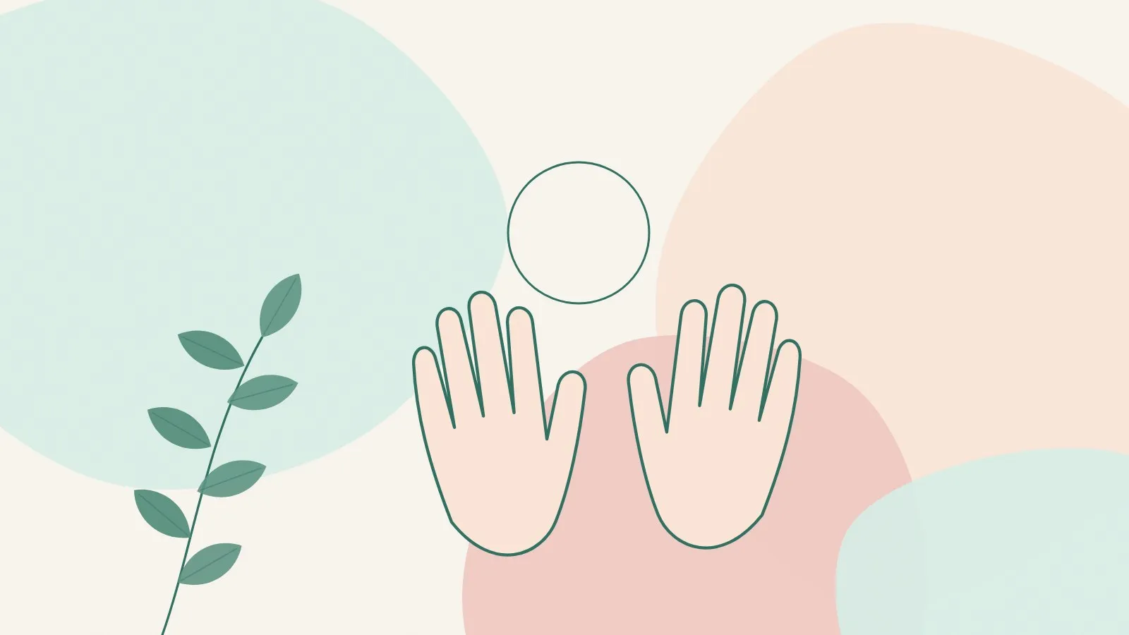 Flat illustration of two open hands outlined in deep green beside a soft ring and a green leaf sprig on mint, peach and blush shapes