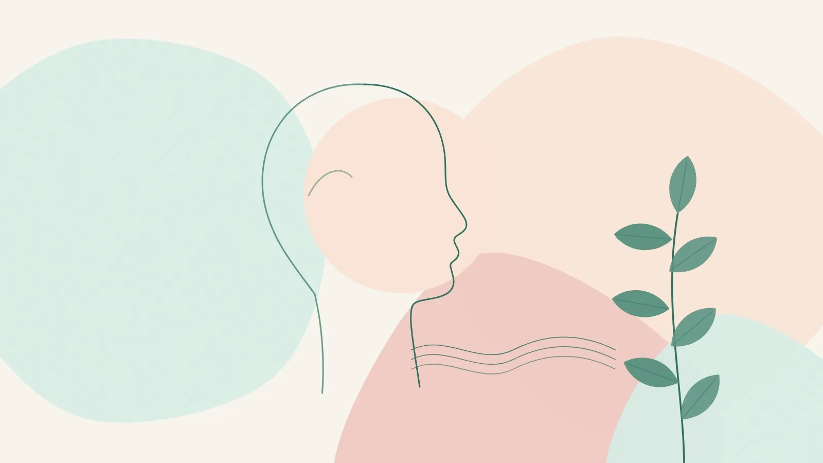 Minimal line illustration of a neck and jaw in side profile with soft flowing lines below the chin and a green leaf sprig on mint, peach and blush shapes