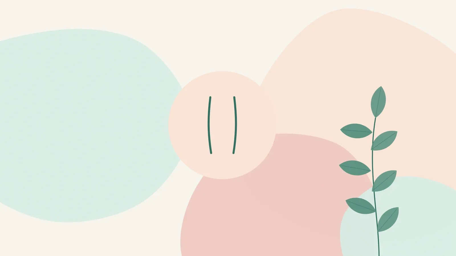 Flat illustration of two short vertical lines inside a peach circle beside a green leaf sprig on mint and blush shapes