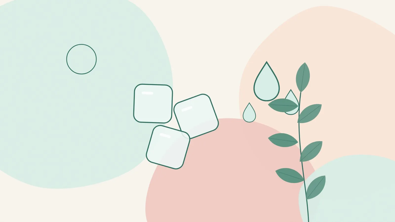 Flat illustration of water droplets and soft ice cubes beside a green leaf sprig on mint, peach and blush shapes