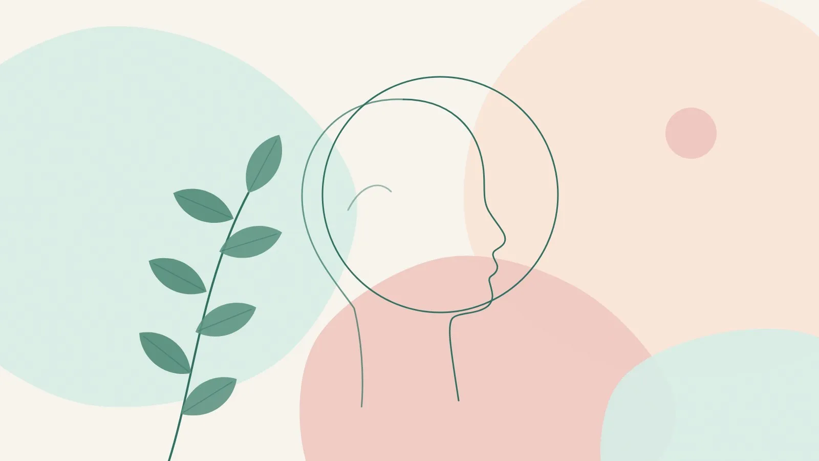 Minimal line illustration of a calm face in side profile with a soft ring and a green leaf sprig on mint, peach and blush shapes