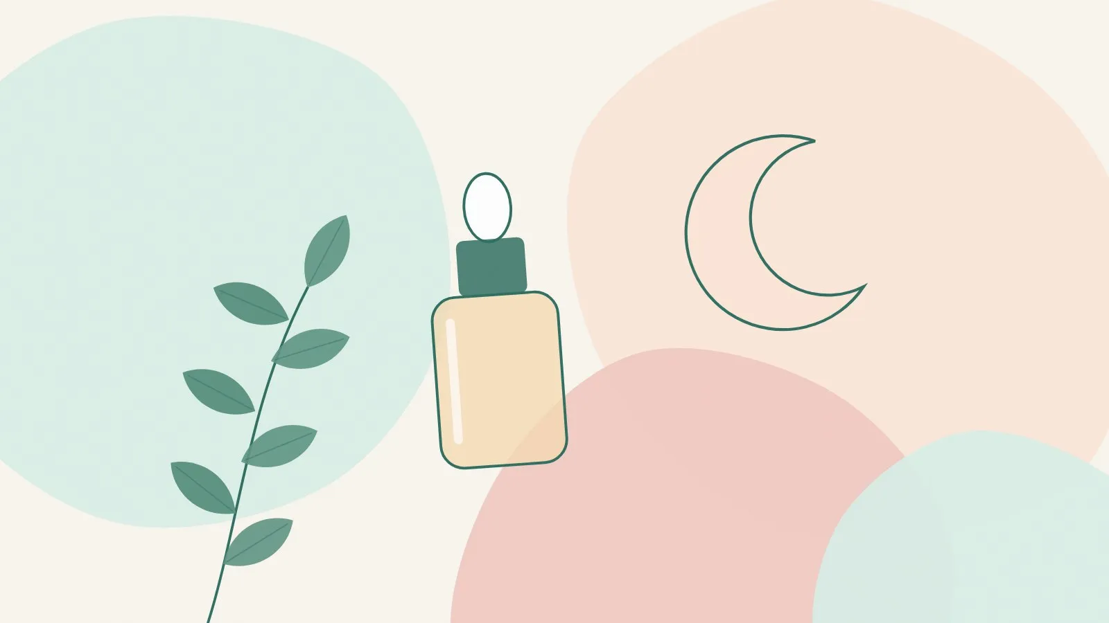 Flat illustration of a crescent moon beside a skincare dropper bottle and a green leaf sprig on mint, peach and blush shapes