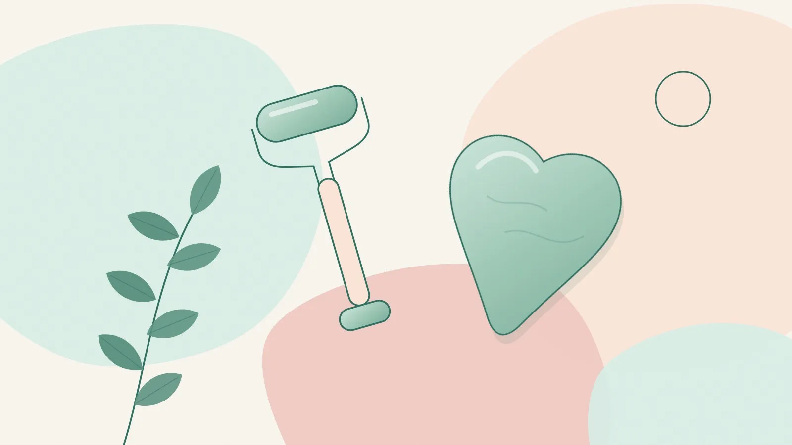 Flat illustration of a jade facial roller next to a heart-shaped jade gua sha stone and a green leaf sprig on soft mint, peach and blush shapes