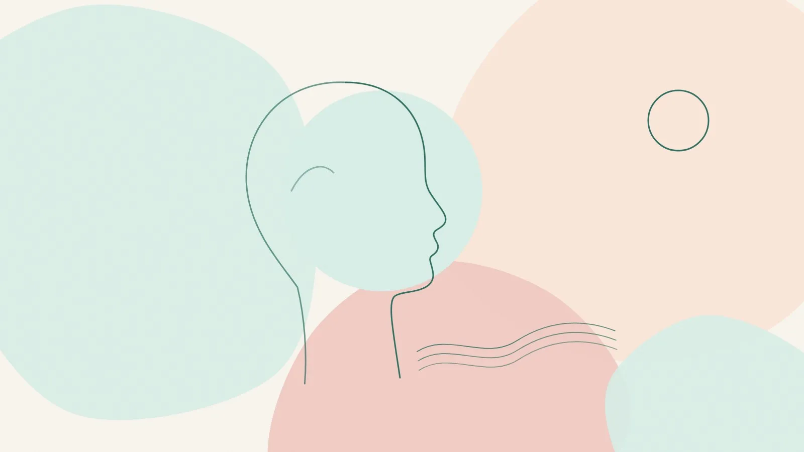 Minimal line illustration of a neck and jaw in side profile with soft flowing lines on mint, peach and blush shapes