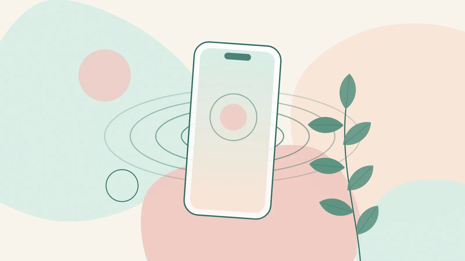 Flat illustration of a smartphone with a blank screen, soft ripple lines and a green leaf sprig on mint, peach and blush shapes
