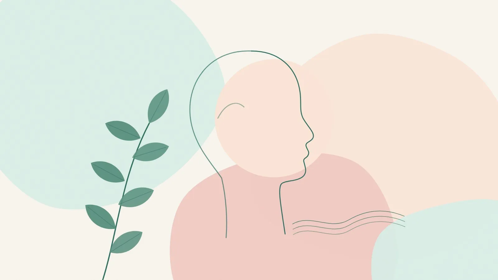 Minimal line illustration of a neck and jaw in side profile with soft flowing lines and a green leaf sprig on mint, peach and blush shapes