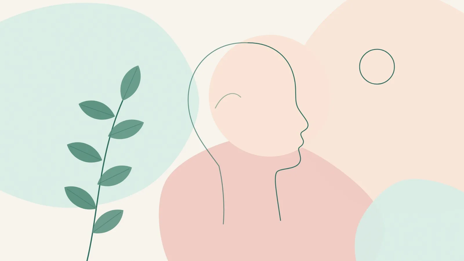 Minimal line illustration of a calm face in side profile next to a green leaf sprig on soft mint, peach and blush shapes