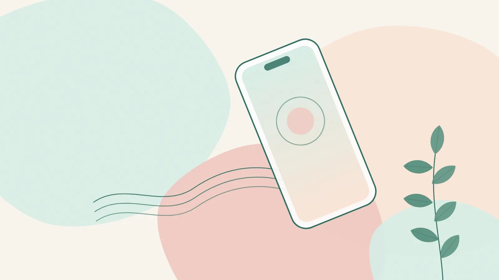 Flat illustration of a smartphone with a blank screen tilted beside soft flowing lines and a green leaf sprig on mint, peach and blush shapes