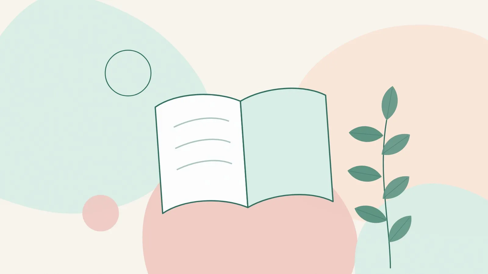 Flat illustration of an open book beside a green leaf sprig on soft mint, peach and blush shapes, representing a calm look at face yoga research