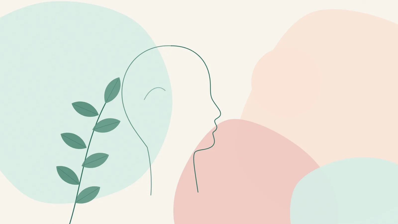 Minimal line illustration of a calm face in side profile beside a peach circle and a green leaf sprig on mint and blush shapes