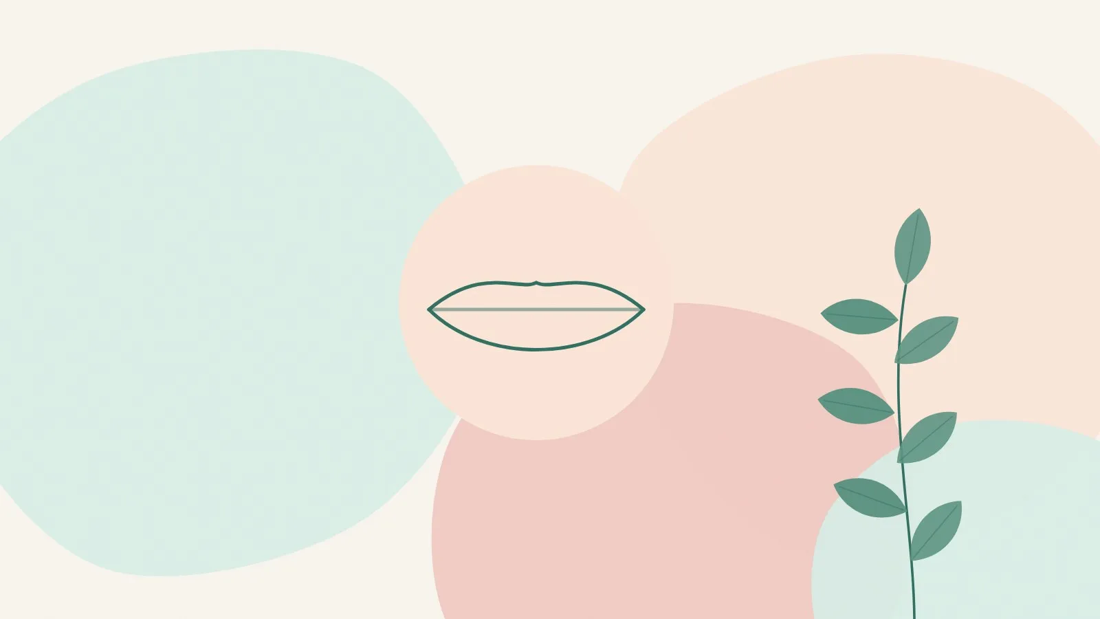 Flat illustration of a soft peach circle with gentle curved lip-like lines and a green leaf sprig on mint and blush shapes