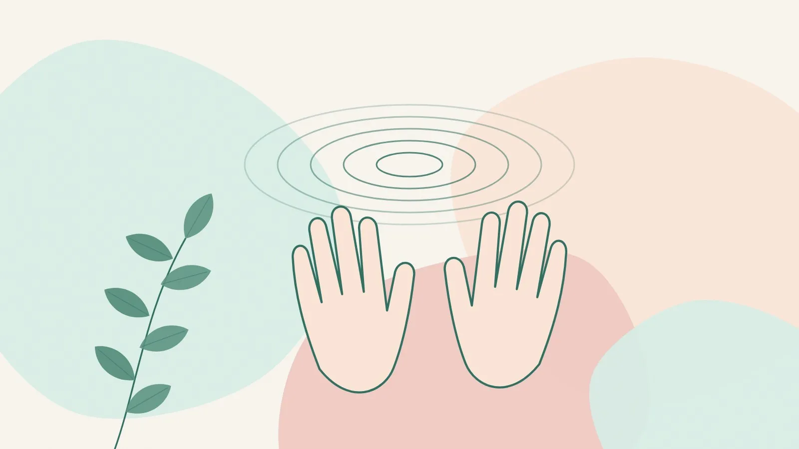 Flat illustration of two open hands outlined in deep green with soft ripple lines and a green leaf sprig on mint, peach and blush shapes