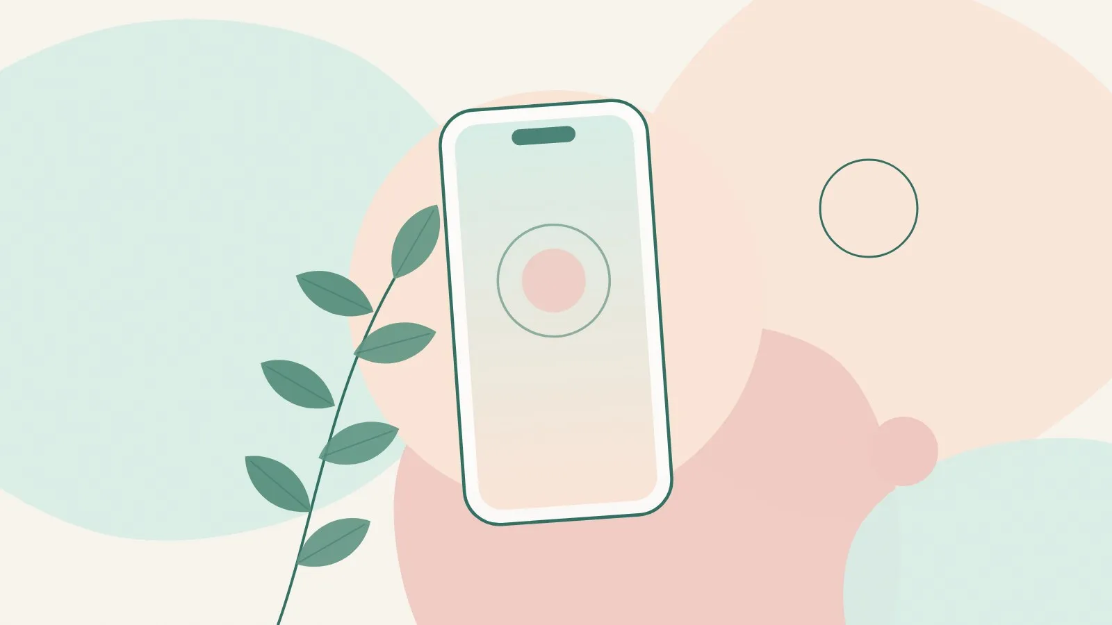 Flat illustration of a smartphone with a blank screen, a peach circle and a green leaf sprig on soft mint, peach and blush shapes