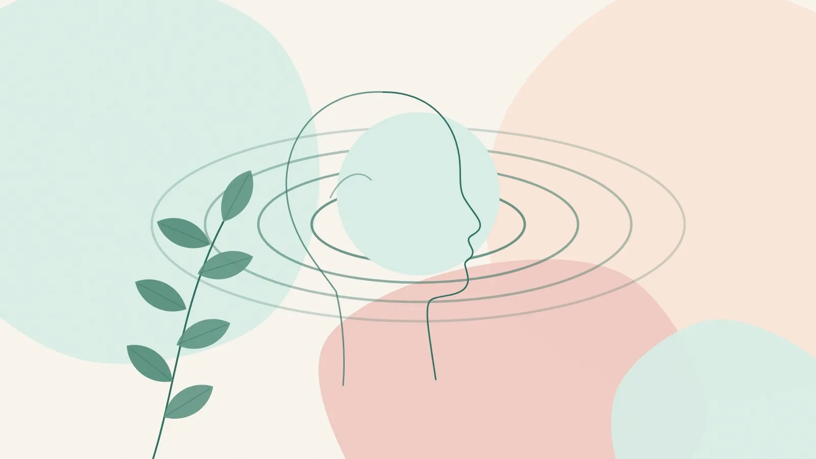 Minimal line illustration of a calm face in side profile with soft ripple lines and a green leaf sprig on mint, peach and blush shapes