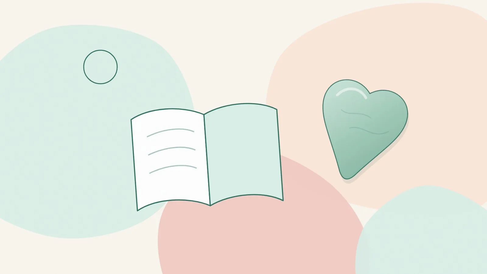 Flat illustration of an open book beside a jade heart-shaped gua sha stone on soft mint, peach and blush shapes