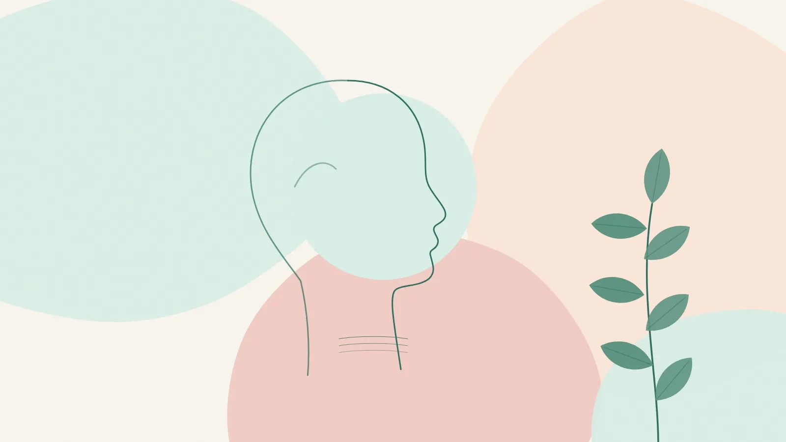 Minimal line illustration of a neck in side profile with gentle horizontal lines and a green leaf sprig on mint, peach and blush shapes
