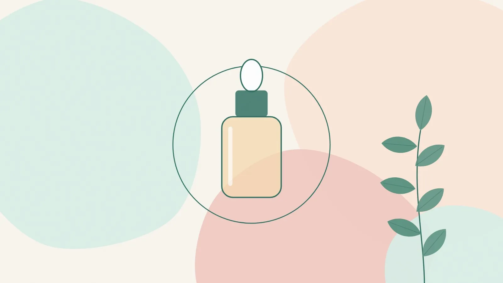 Flat illustration of a skincare dropper bottle beside a soft ring and a green leaf sprig on mint, peach and blush shapes