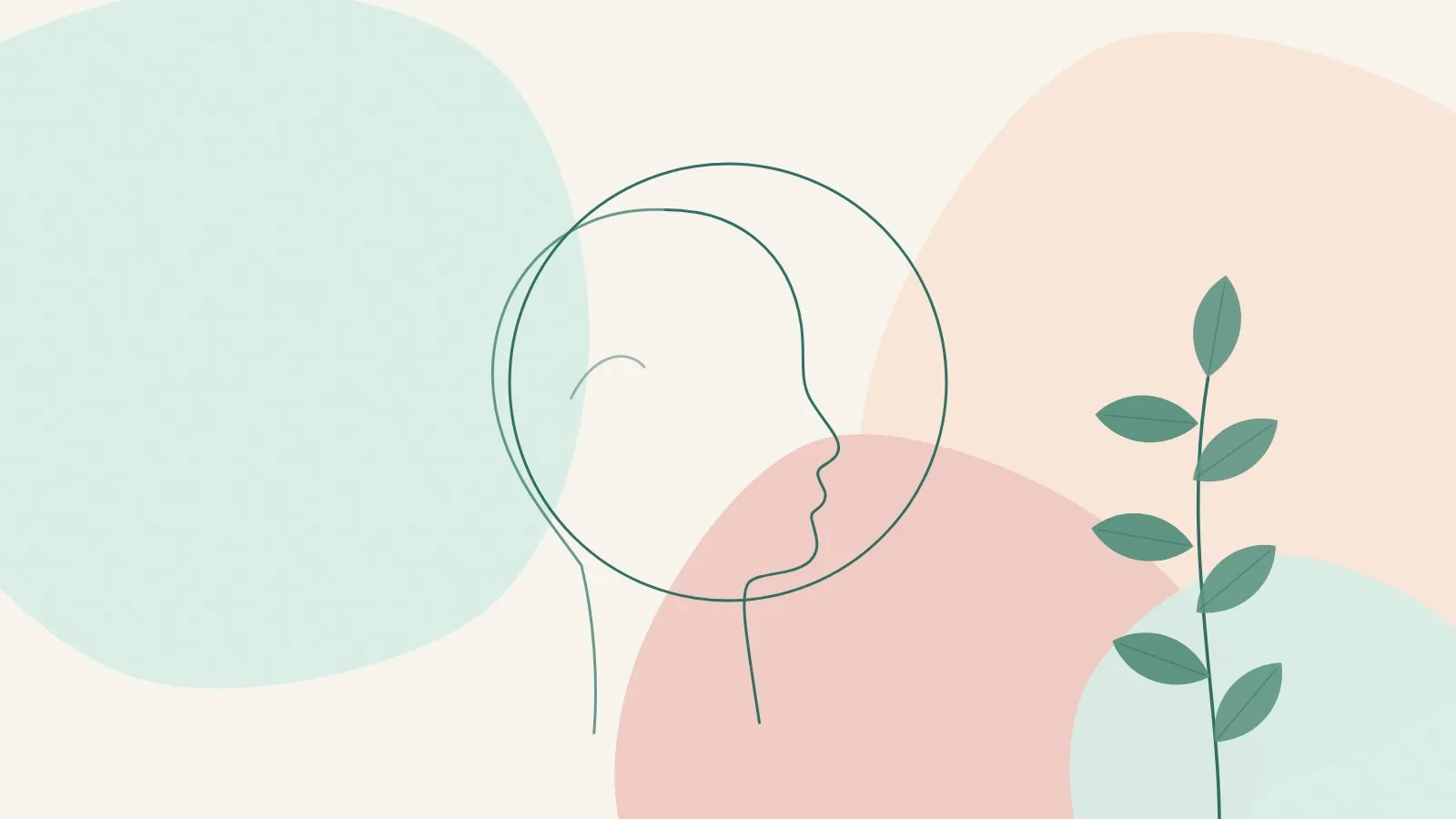 Minimal line illustration of a calm face in side profile beside a soft ring and a green leaf sprig on mint, peach and blush shapes