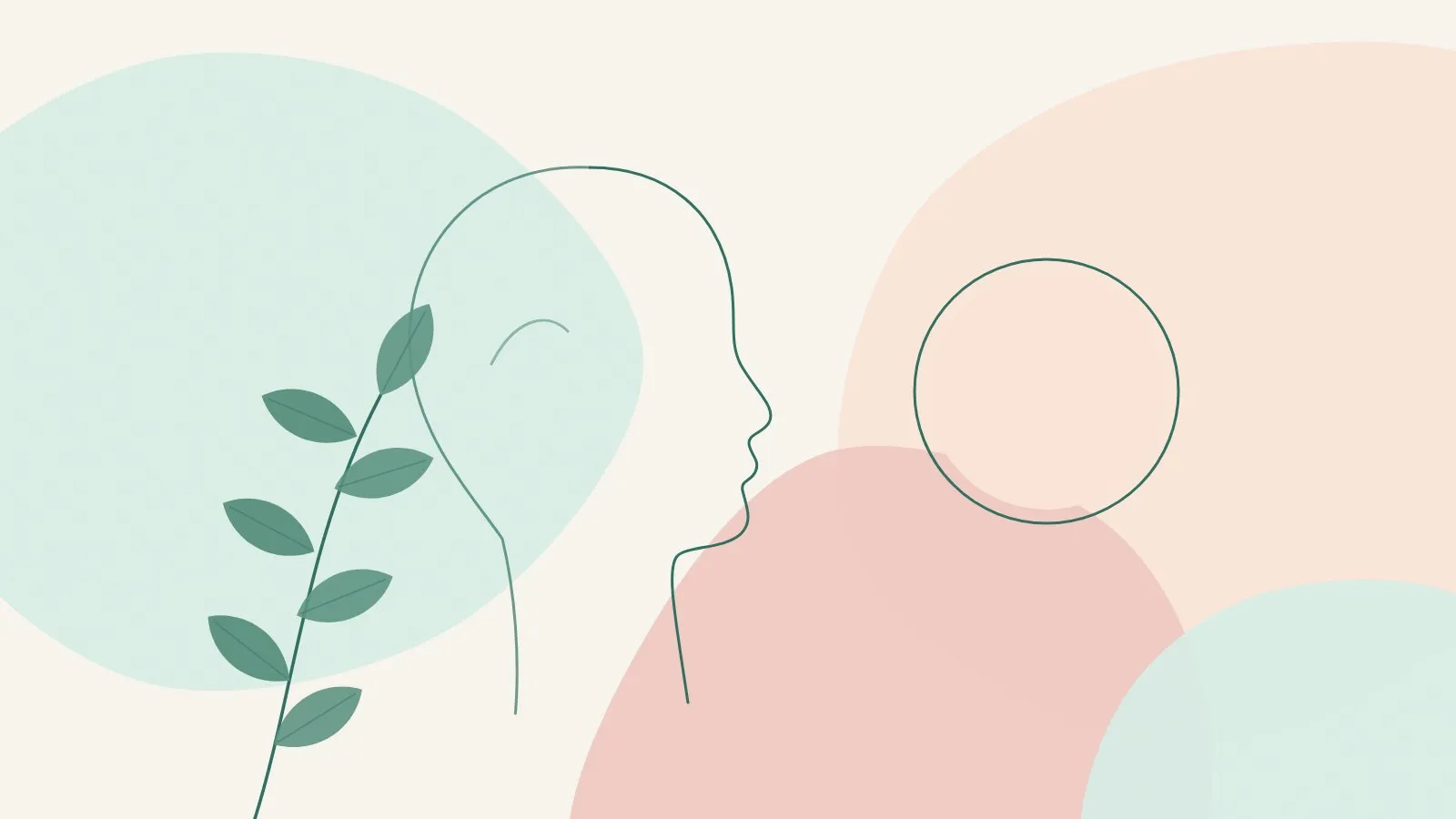 Minimal line illustration of a calm face in side profile beside a soft peach circle and a green leaf sprig on mint and blush shapes