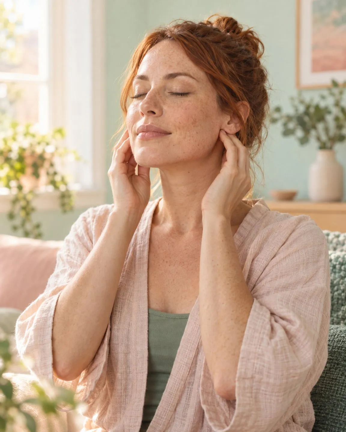 Woman with eyes closed gently massaging the jaw joints below her ears to relax her jaw