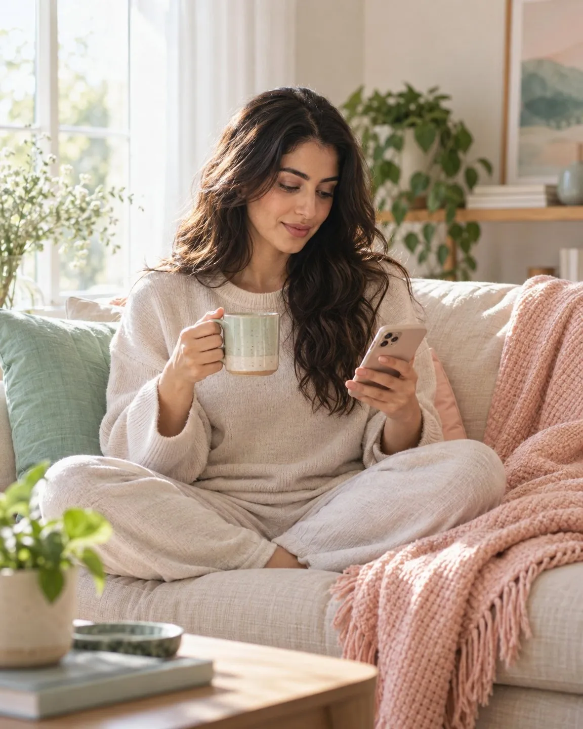 Woman sitting cross-legged on a sofa with a cup of tea, looking at her iPhone in the morning
