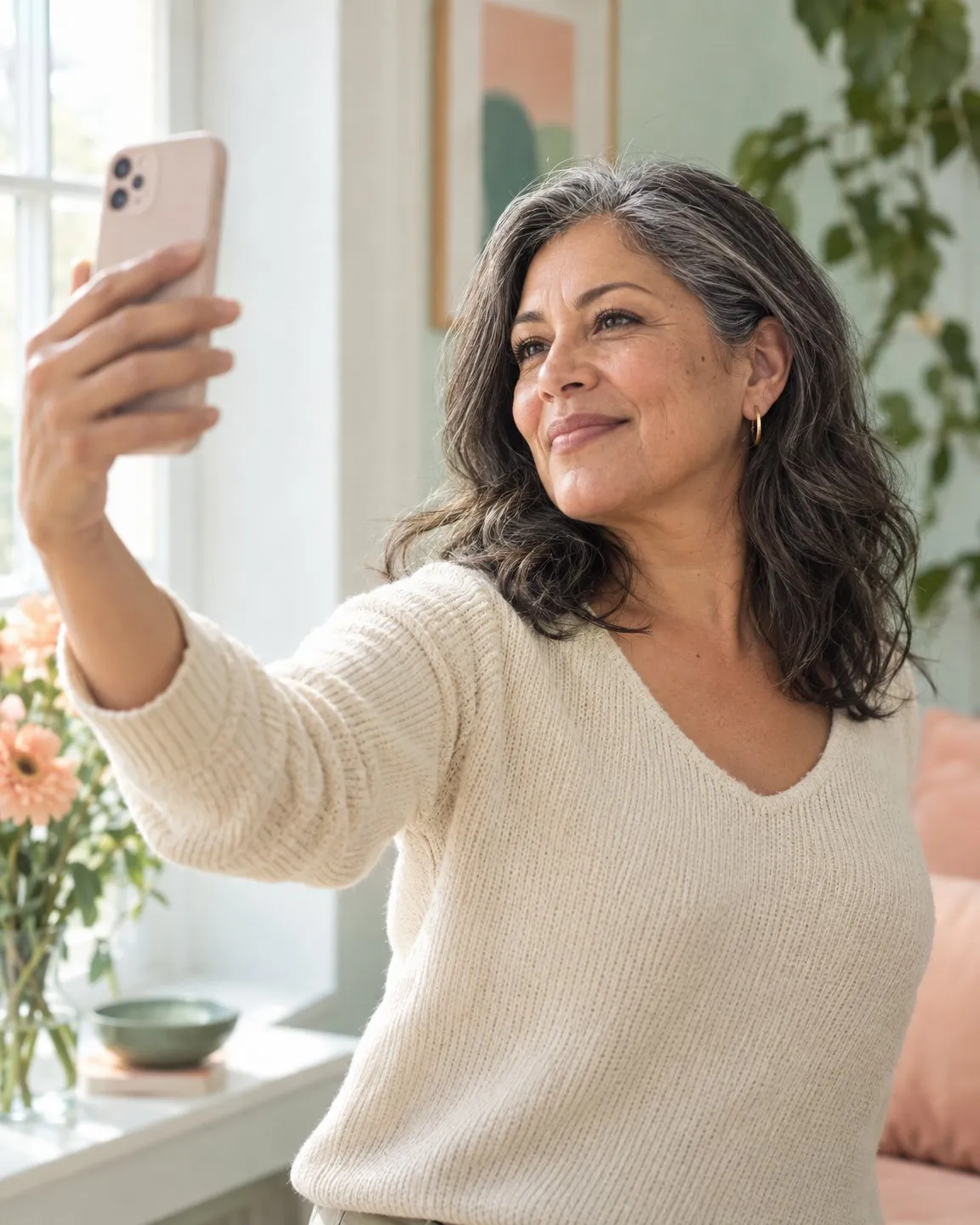 Woman in her fifties taking a selfie with her iPhone by a bright window