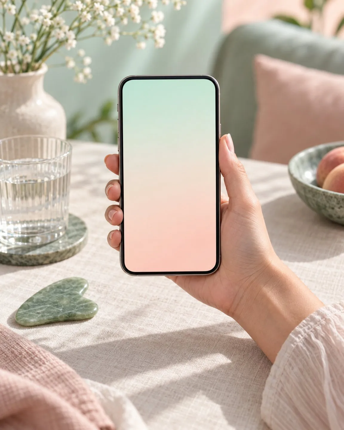 Hand holding an iPhone beside a glass of water and a jade gua sha stone on a linen table
