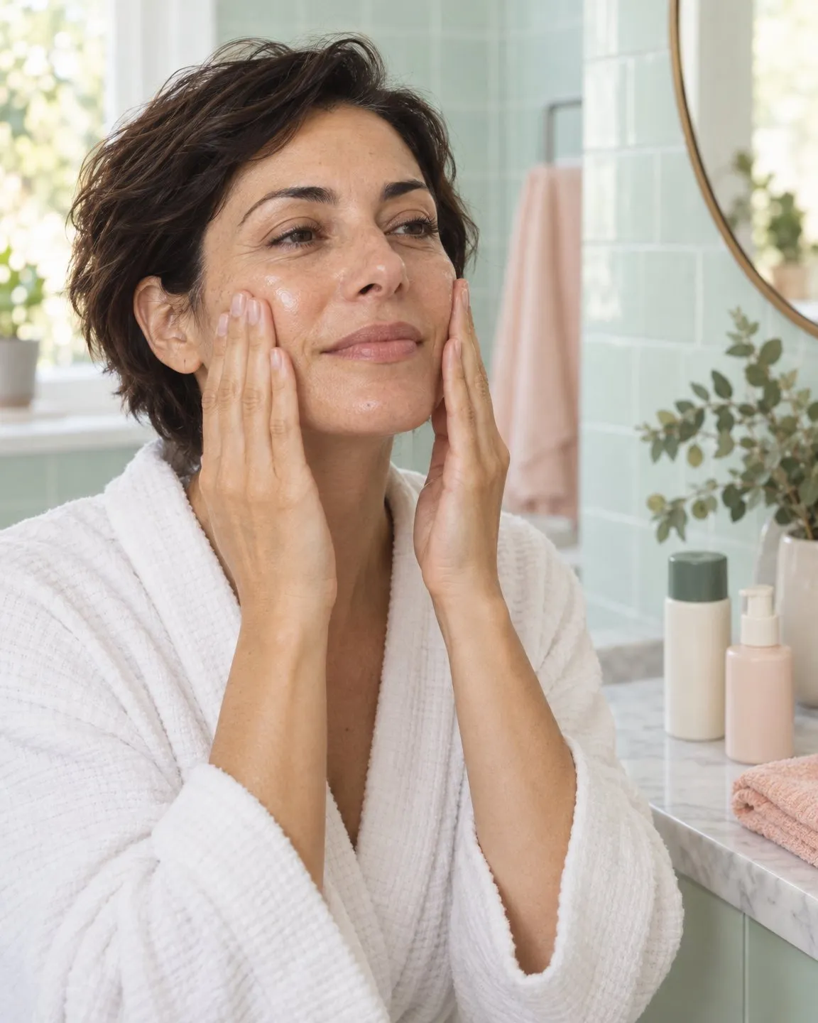 Woman in a white robe pressing moisturiser into her cheeks in a bright bathroom with mint tiles