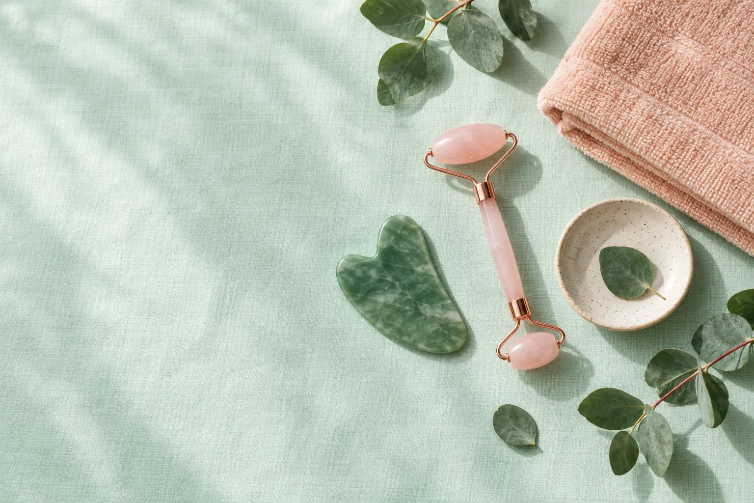 Jade gua sha stone, facial roller and eucalyptus leaves on mint linen